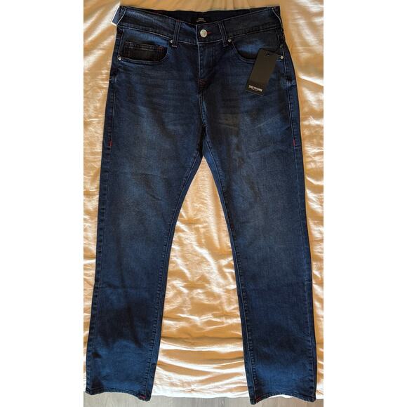 NWT True Religion Jeans Mens 30x34 Ricky SN Straight Red Stitch Dark Indigo Blue - Picture 2 of 12